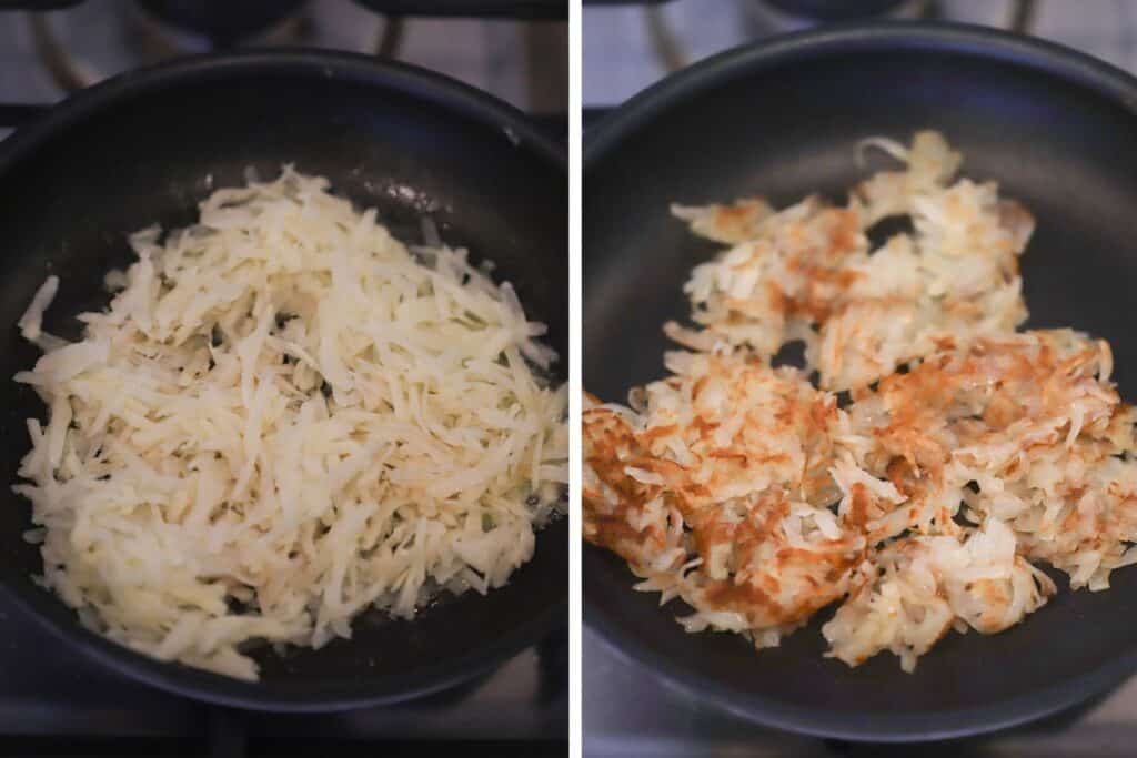 A nonstick skillet with shredded potatoes, cooking until golden brown for breakfast tacos.