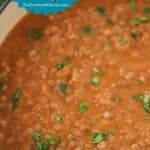 healthy lentil soup recipe in a pot, ready to eat.