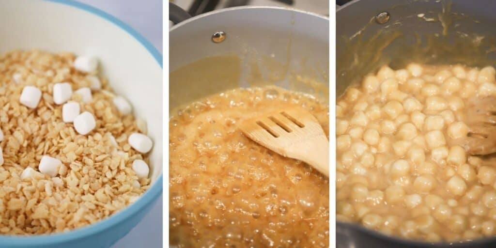 How to make salted caramel rice krispies in a pot with marshmallows and cereal.