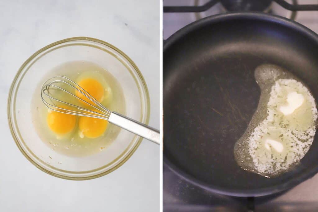 A bowl with eggs and a whisk next to a skillet with butter melting, showing how to make fluffy scrambled eggs.