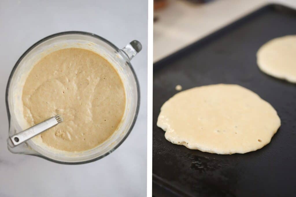 A griddle frying whole wheat pancake batter.