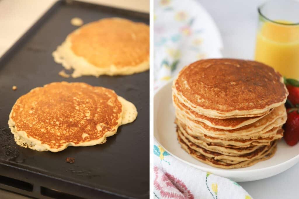 Freshly cooked whole wheat pancakes on a plate with orange juice.
