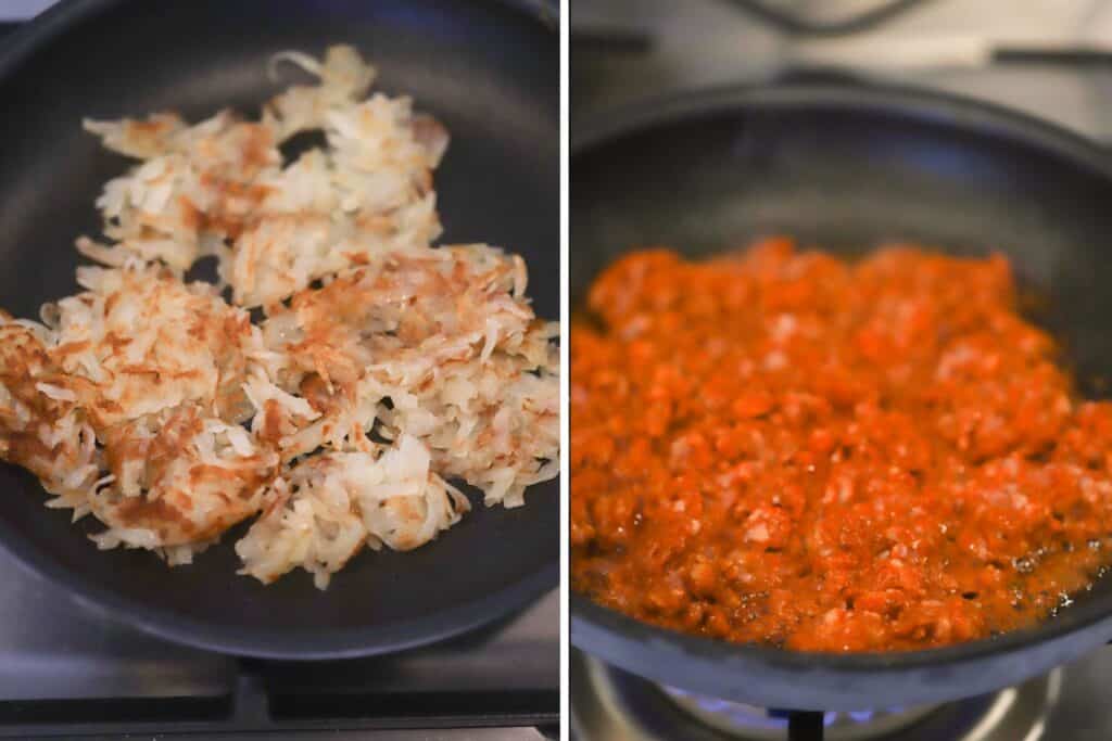 Shredded potatoes and chorizo cooking in nonstick skillets for breakfast taco filling.