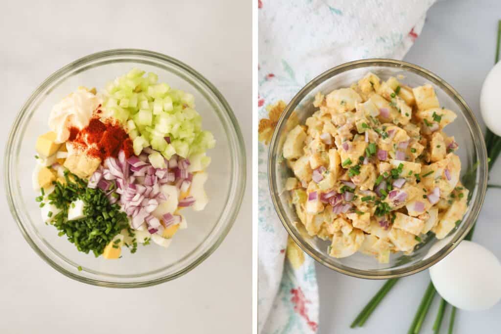 How to make egg salad with celery, red onions, chives, dijon mustard, and paprika.