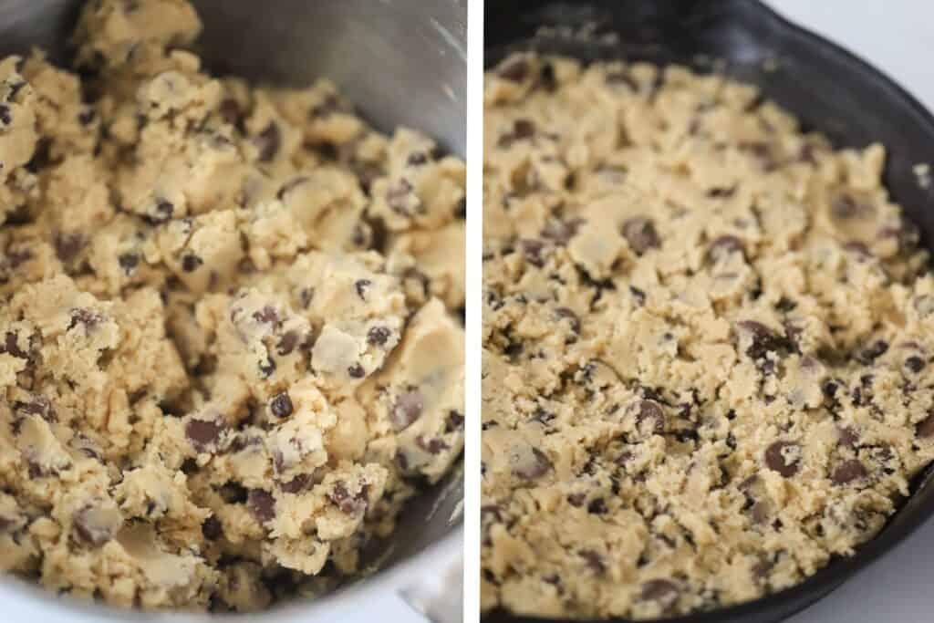 A cast iron skillet full of chocolate chip cookie dough.