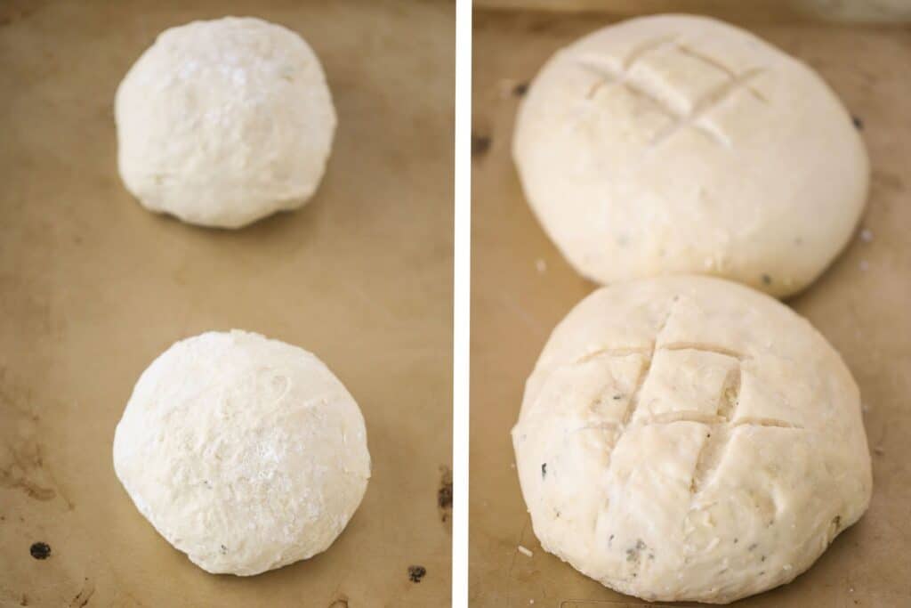 How to make this rosemary bread recipe including shaping into round loaves and scoring the tops.