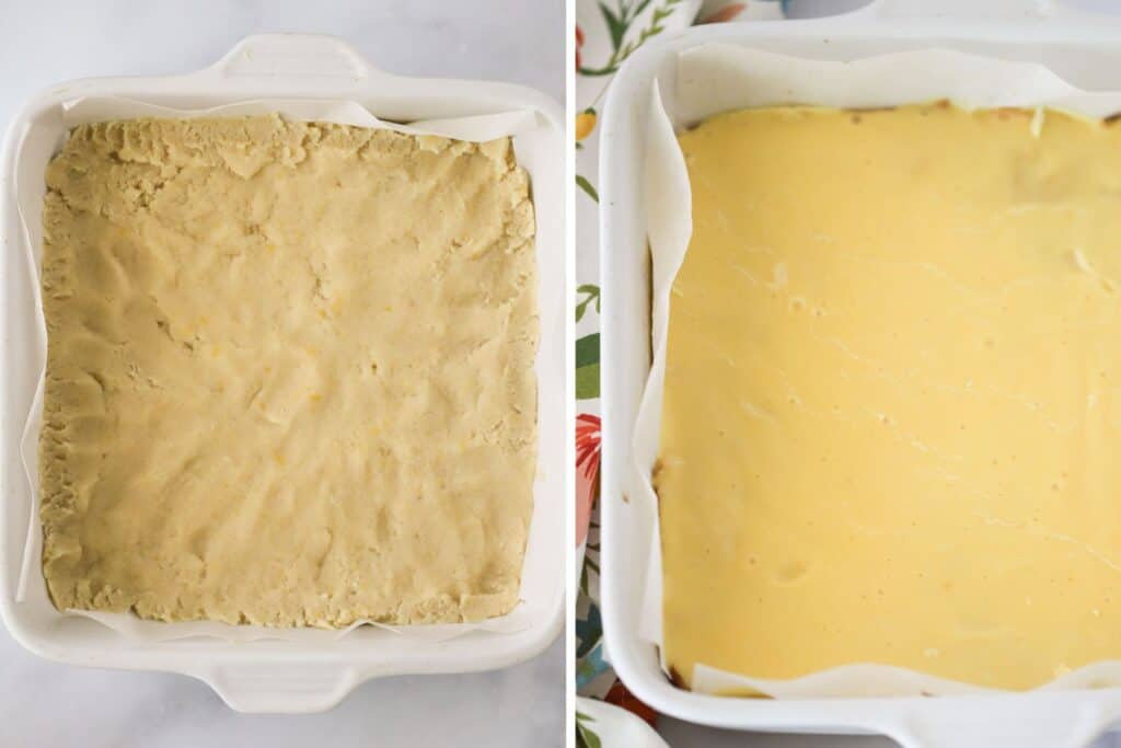 Lemon blondie dough pressed into a square baking dish, then covered with lemon icing once baked.