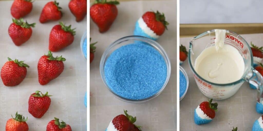 How to make white chocolate strawberries with a patriotic theme.