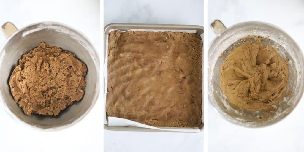 Root beer blondie recipe batter in a mixing bowl and then transferred into a baking dish.