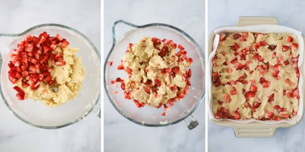 Making the batter for this strawberry blondie recipe and then adding it to a baking dish.