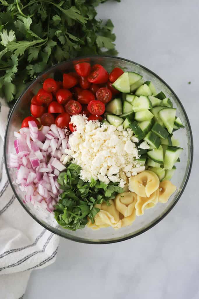 Ingredients for making greek pasta salad with tortellini in a large bowl, including onions, tomatoes, cucumber, feta cheese, and basil.