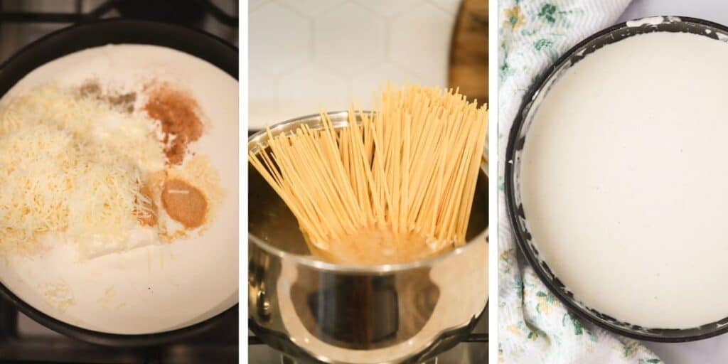 Cooking the asiago cream sauce and the pasta separately to make this garlic alfredo pasta.