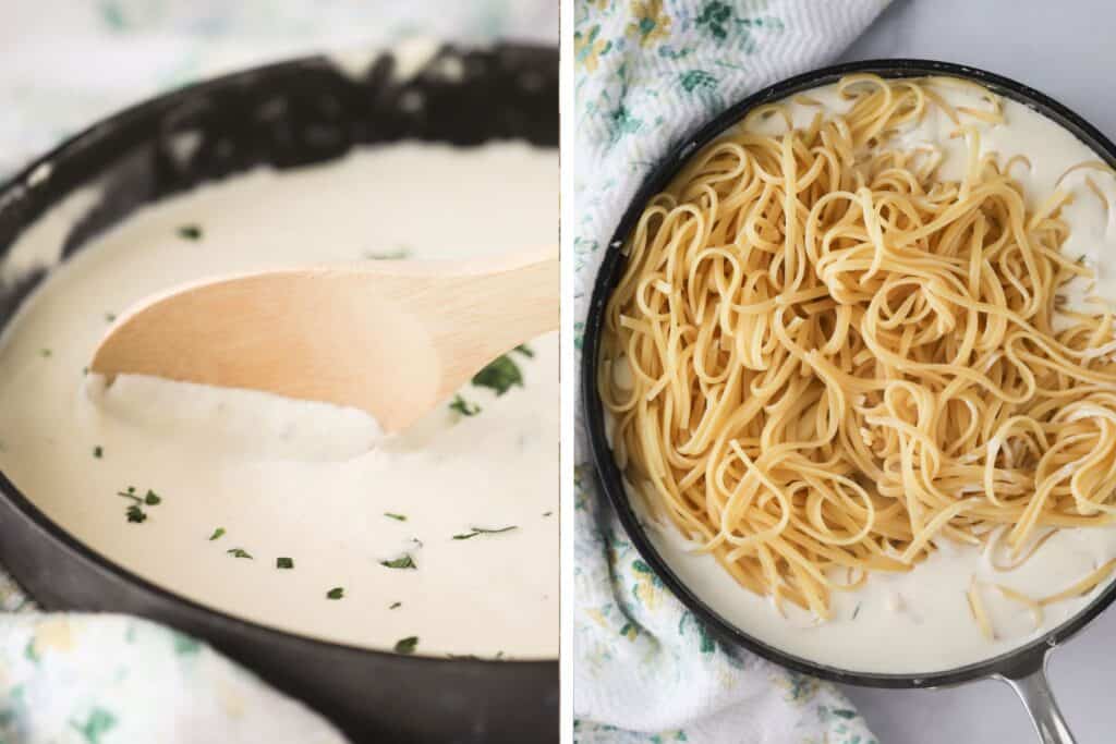 Asiago alfredo sauce in a saucepan with fettuccine pasta added.