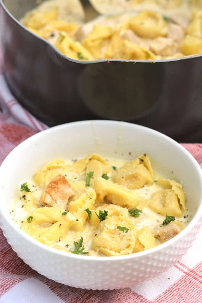 creamy chicken alfredo in a bowl, chicken alfredo tortellini, tortellini chicken alfredo. 