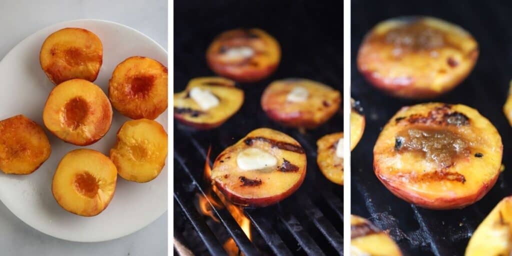 Peach halves cooking over a hot grill with melting butter and brown sugar.