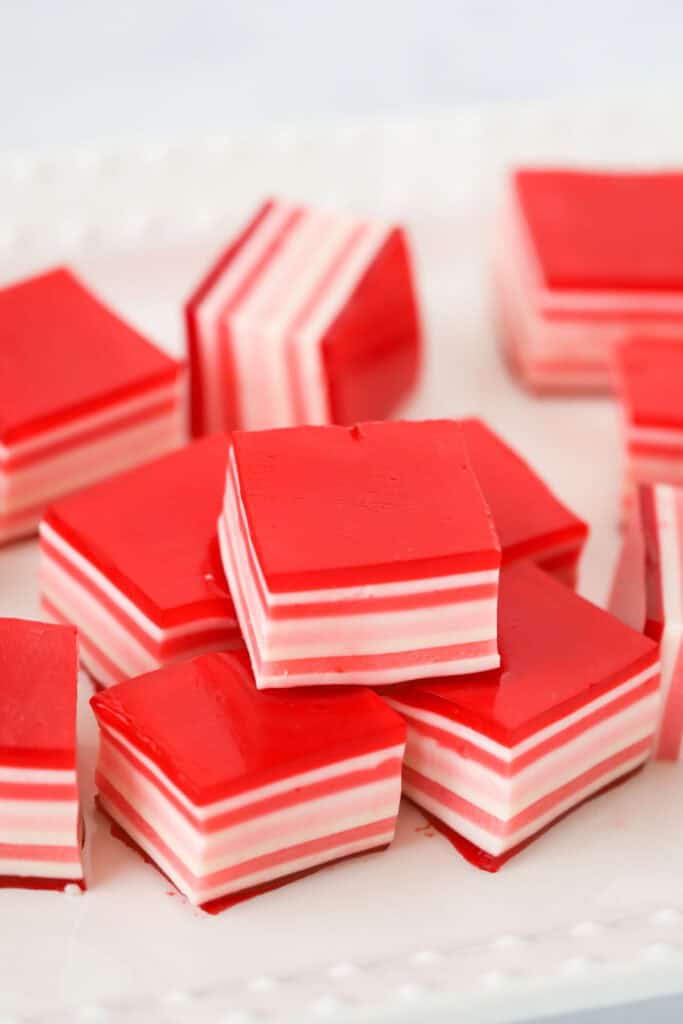 Cubes of red, pink, and white Jello for Valentine's Day.