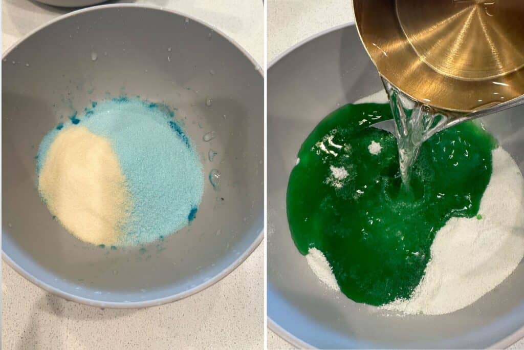 A bowl with blue Jello powder and gelatin powder with hot water being poured over the top.