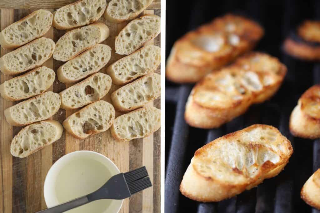 Grilling sliced baguettes to make crostini.