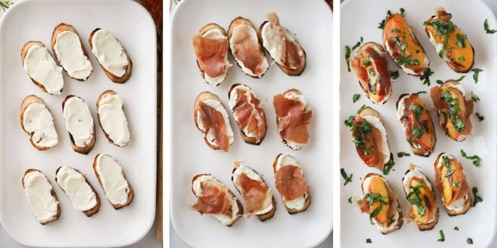 Assembling peach crostini on a serving platter.