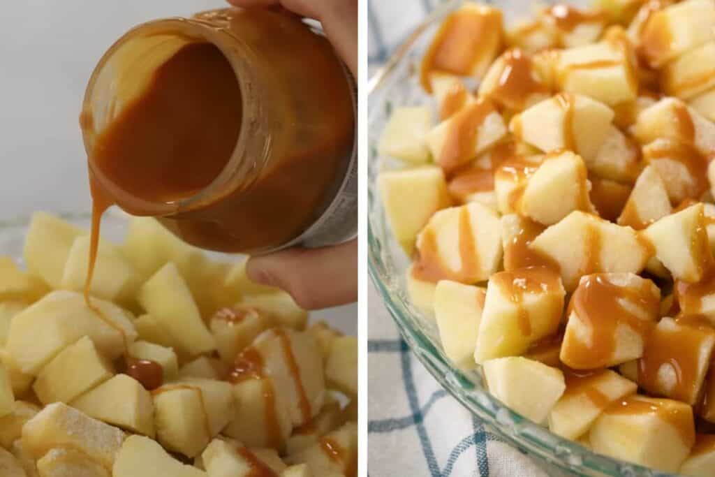 a side by side picture of A hand pouring a jar of caramel sauce of diced apples and then Apples covered in caramel sauce for making this apple crisp with oats.