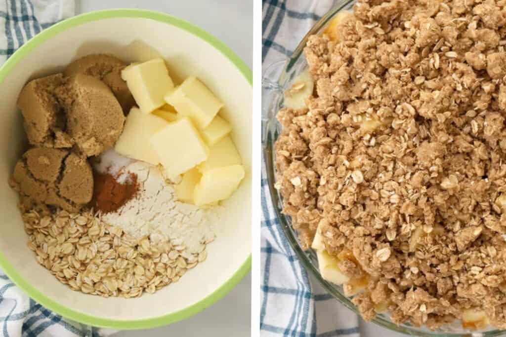 a side by side pic of ingredients for oat topping for apple crisp in a mixing bowl and then Apple crisp with oatmeal topping in a large round baking dish ready to bake.