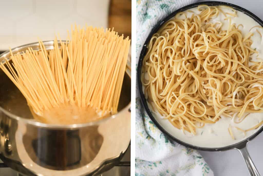 cooking pasta in a large pot with boiling water and Asiago alfredo sauce in a saucepan with cooked fettuccine pasta added.