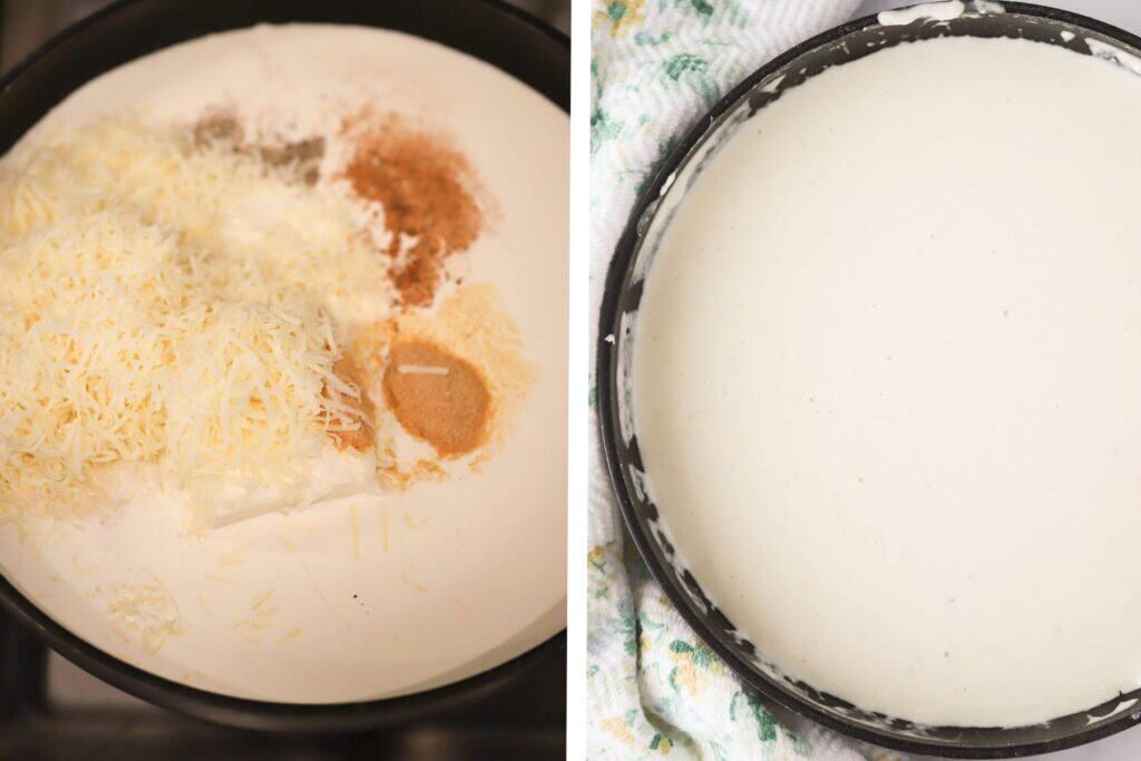 the ingredients for asiago garlic pasta sauce and Cooking the asiago cream sauce to make this garlic alfredo pasta.