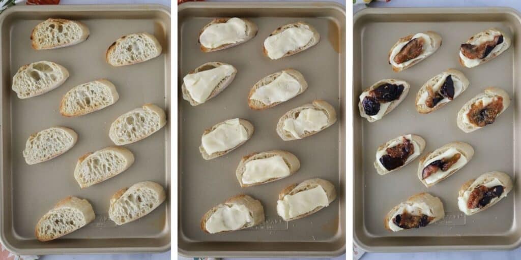 A sheet pan with sliced baguettes topped with melted brie cheese and caramelized figs.