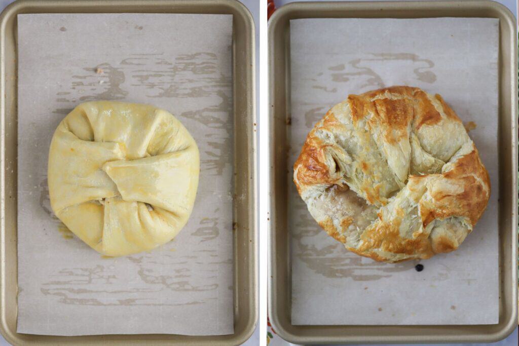 A small sheet pan with both the unbaked and baked caramel cream cheese puff pastry.