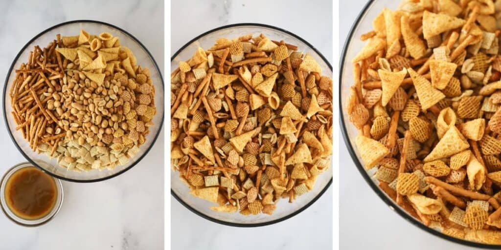 A large bowl full of chex mix party mix ingredients and a small bowl with the buttery sauce to pour over before baking.