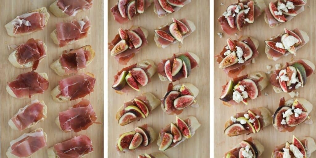 Assembling crostini with figs and prosciutto on a tabletop.