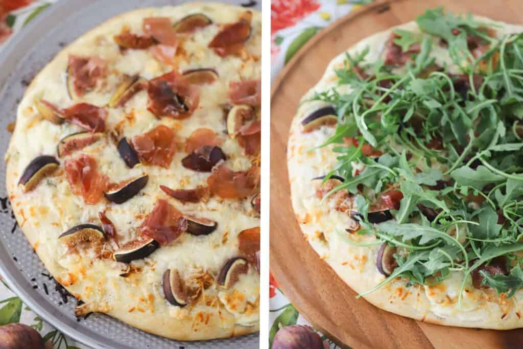 A freshly baked thin crust pizza with figs, prosciutto, and arugula.