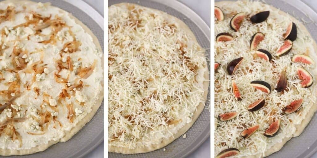 Layering white sauce, caramelized onions, cheese, and figs onto this fig pizza.