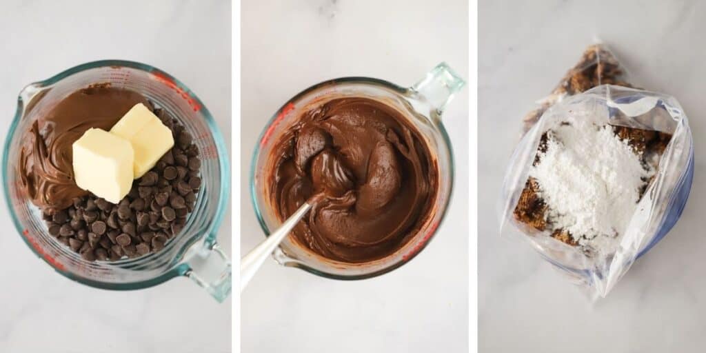 Melting butter, Nutella, and chocolate chips in the microwave before adding to Rice Chex and covering with powdered sugar.