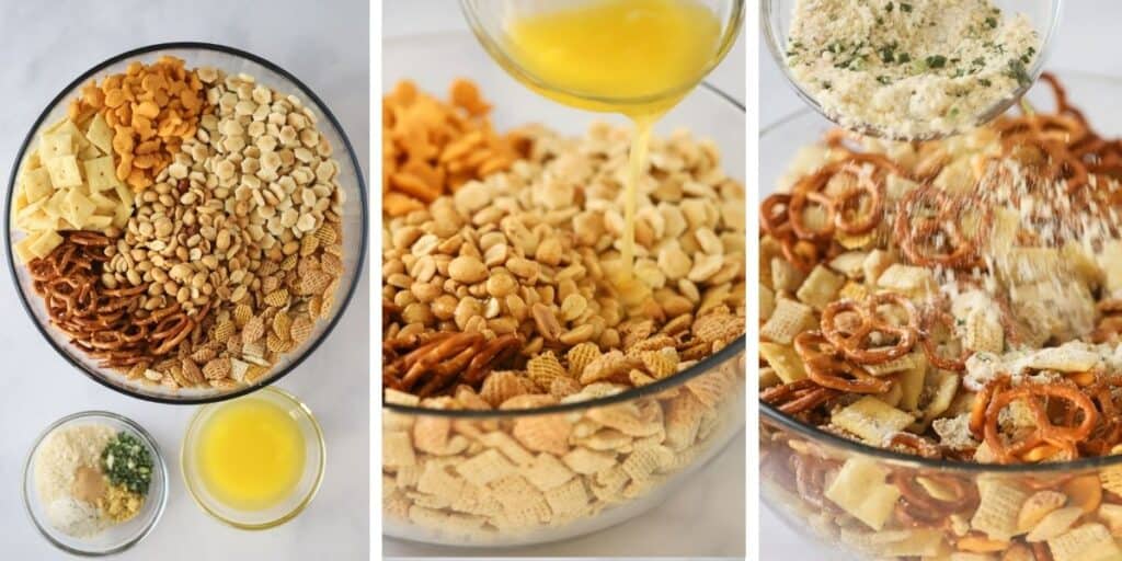 A large bowl with ranch chex mix crackers and the seasoning mixture being poured over to coat the entire thing.