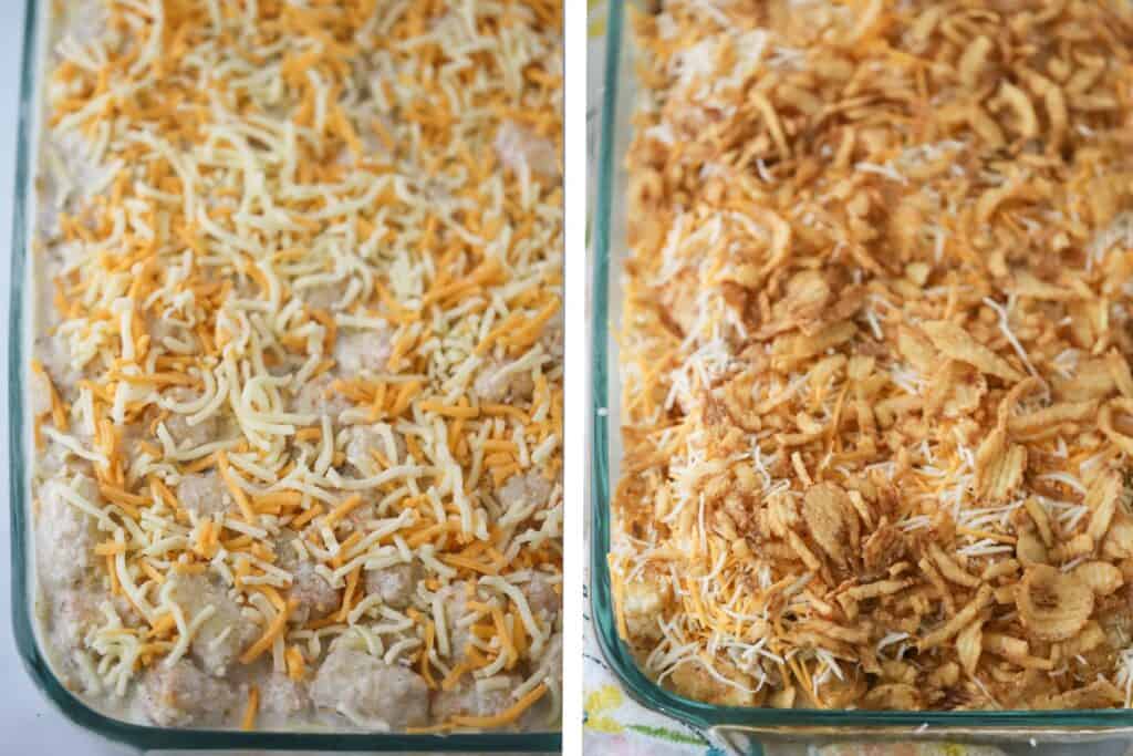 A casserole dish with tater tots topped with shredded cheese and fried onions.