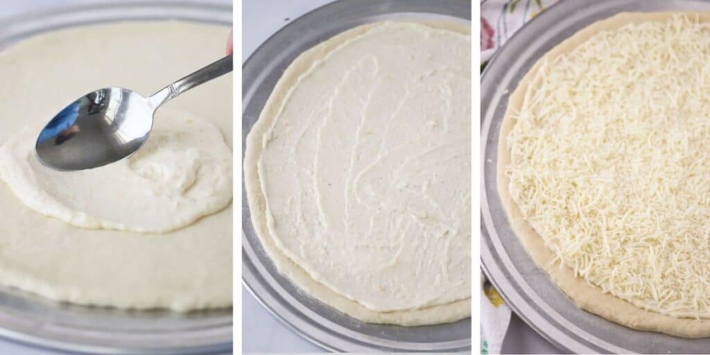 How to spread white pizza sauce and shredded mozzarella cheese over the top of stretched pizza dough.