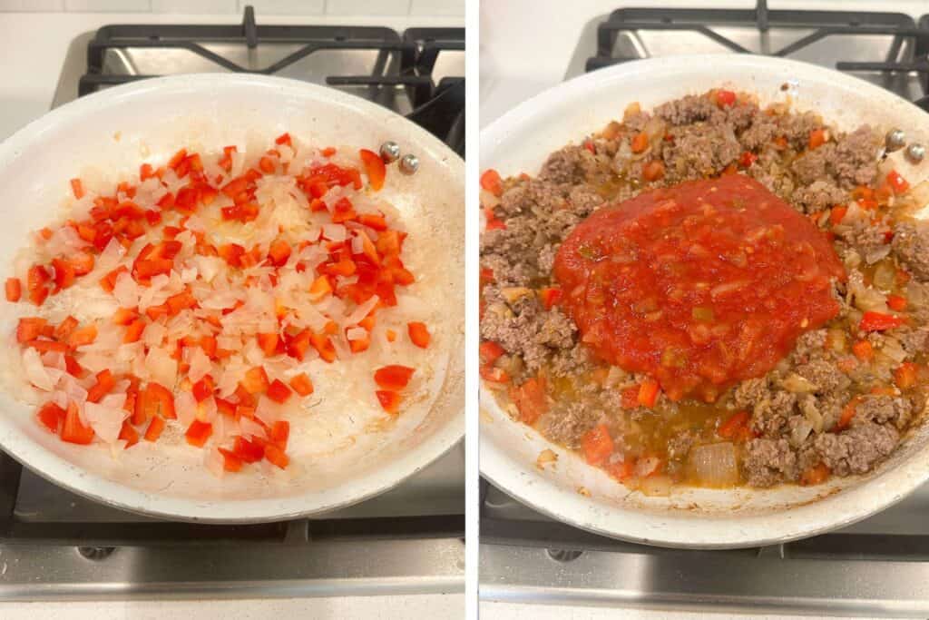 Sauteing onions, peppers, and ground beef in a tomato salsa sauce.