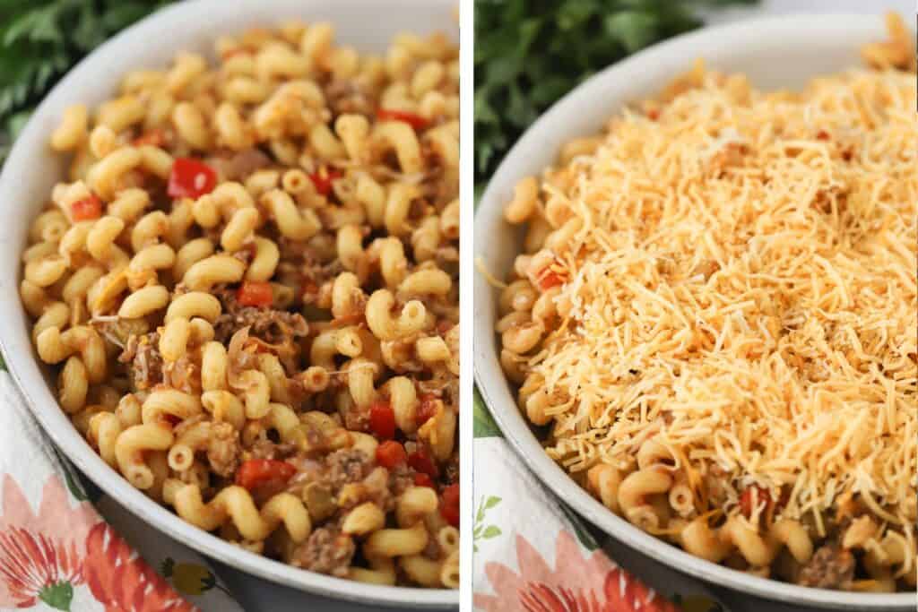 A large saute pan full of ground beef taco pasta bake.