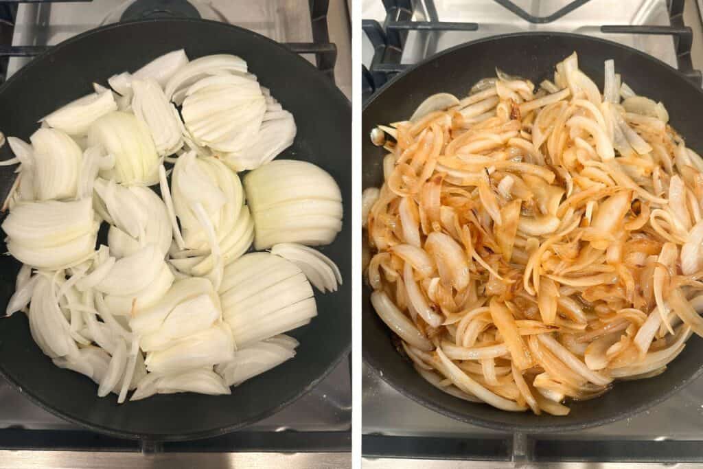 How to make caramelized onions in a cast iron pan.