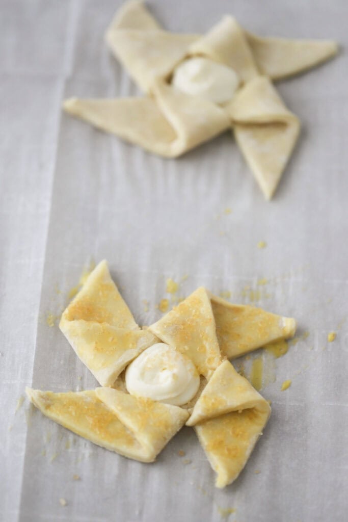 Puff pastry danish recipe with cream cheese filling ready to bake.