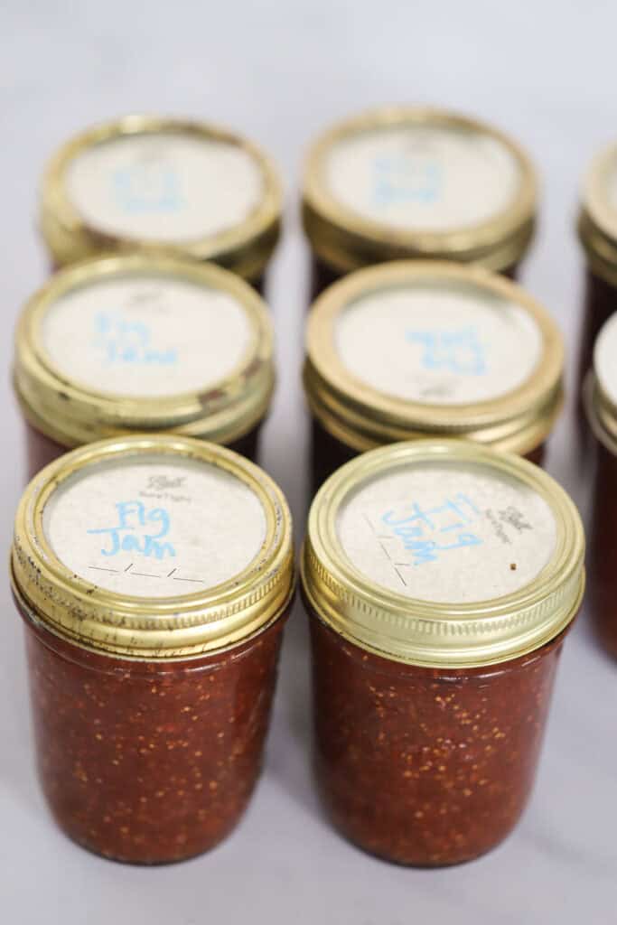 Jars of fig jam lined up, sealed, and ready to store.