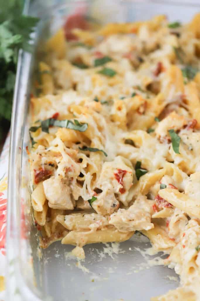 A baking dish full of Marry Me Chicken Pasta Bake.