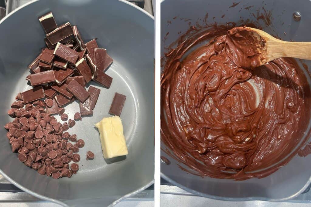 Melting chocolate chips, Andes mints, and butter in a large bowl.