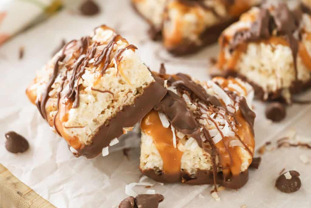 Two Samoa Rice Krispie Cookies stacked on top of each other.