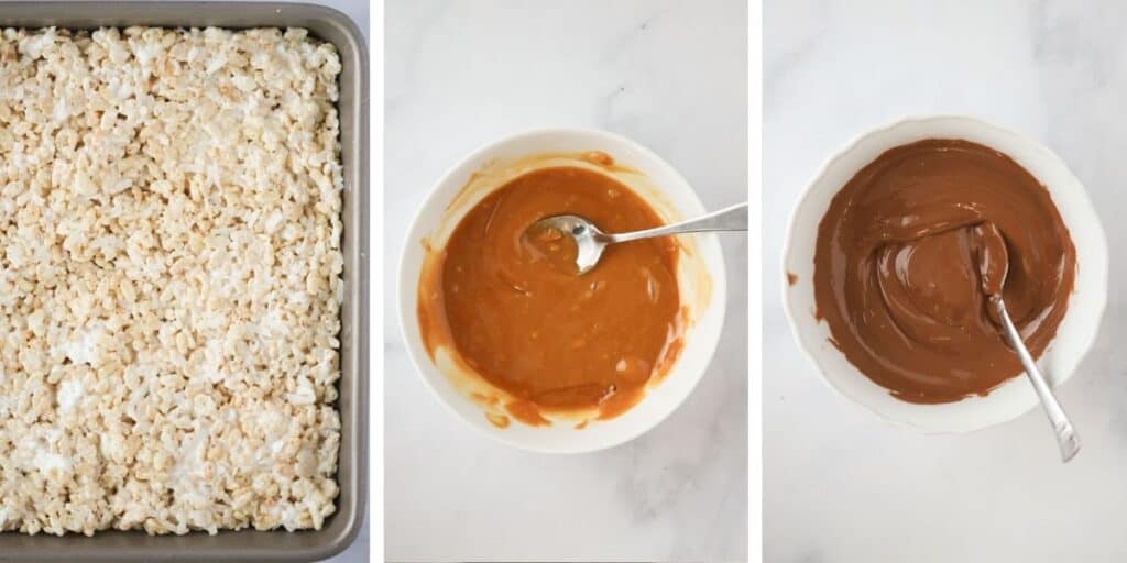 A tray of Rice Krispies Treats next to bowls of melted caramel and melted chocolate.