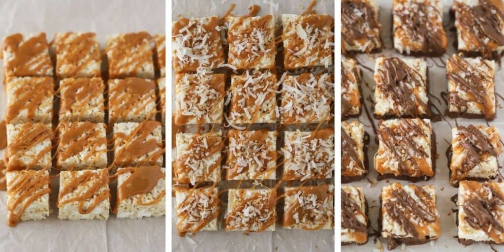 Caramel Rice Krispie Treats with chocolate and coconut.