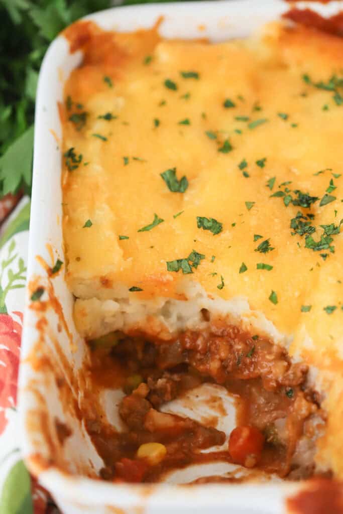 A casserole dish full of the best shepherd's pie recipe.