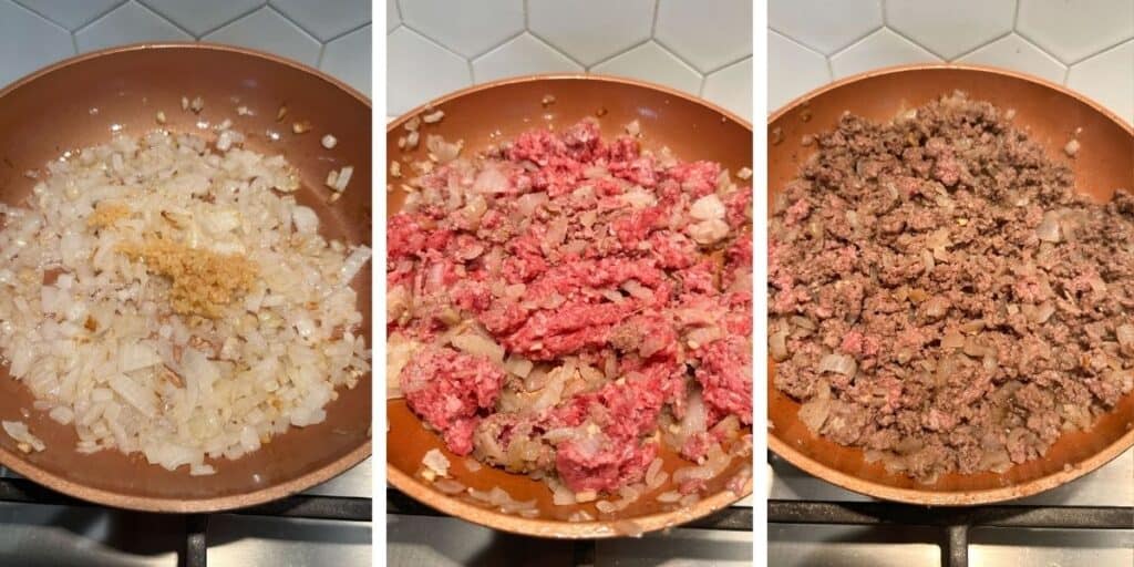 Onions and ground beef cooking in a skillet.