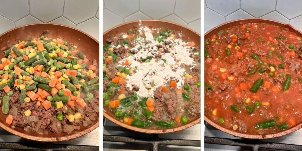 Cooking the beef and vegetable filling mixture for shepherd's pie.